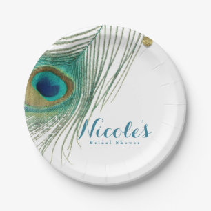 Assiettes En Carton Plumes de paon et or Boho Glam Party