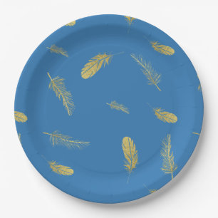 Assiettes En Carton Plumes d'or bleu français