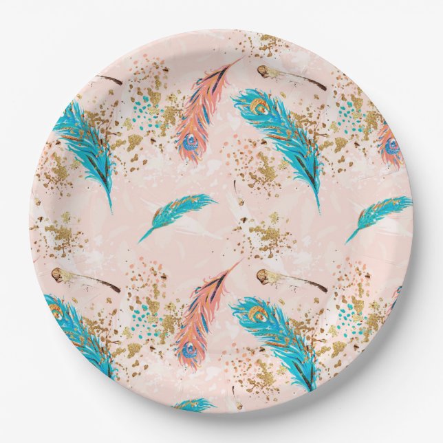 Assiettes En Carton Plumes Pastel Pink Turquoise Bleu Plaque papier or (Devant)