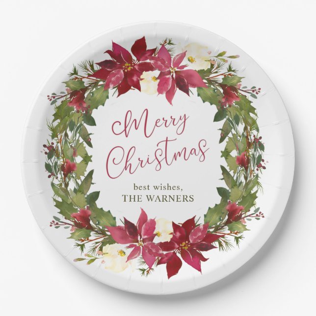 Assiettes En Carton Poinsettia couronne de Noël personnalisée (Devant)