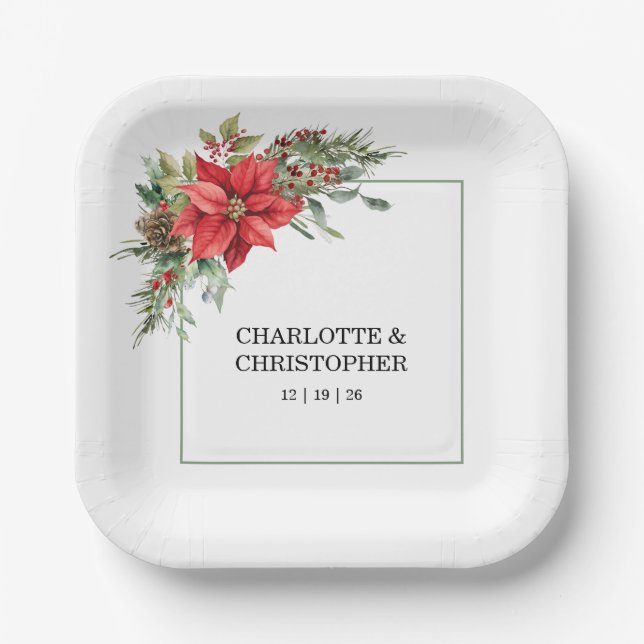 Assiettes En Carton Poinsettia d'hiver de Noël aquarelle (Recto)