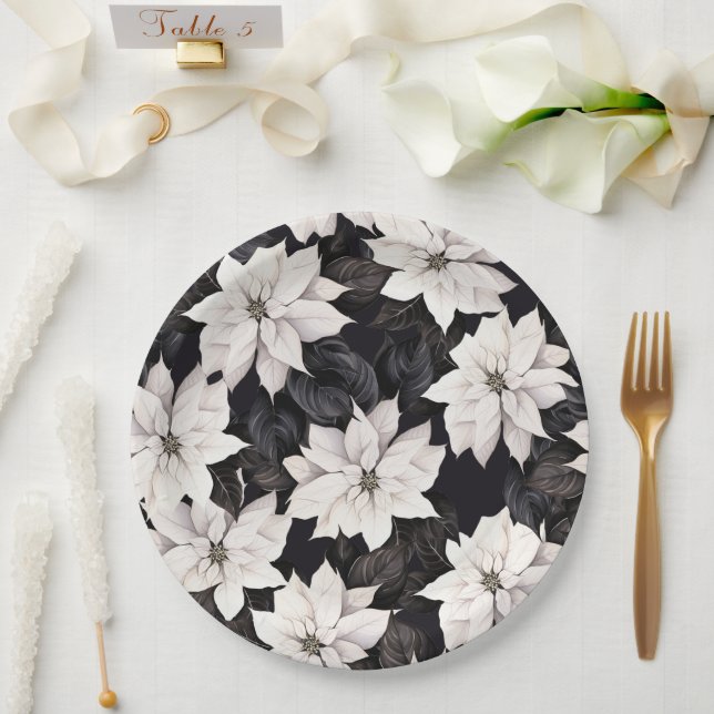 Assiettes En Carton poinsettia noir et blanc chic (Mariage)