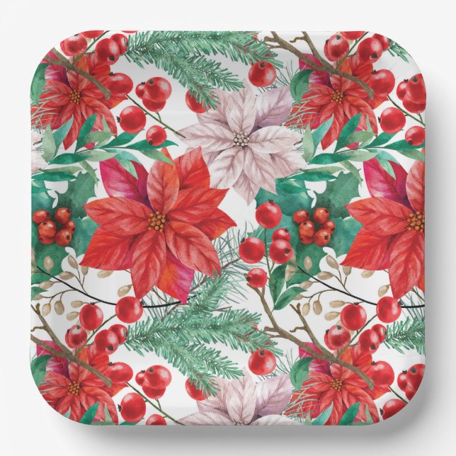 Assiettes En Carton Poinsettia, Pine Boughs et Red Berries (Recto)
