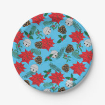 Poinsettias et cloches d'argent dans les plaques d