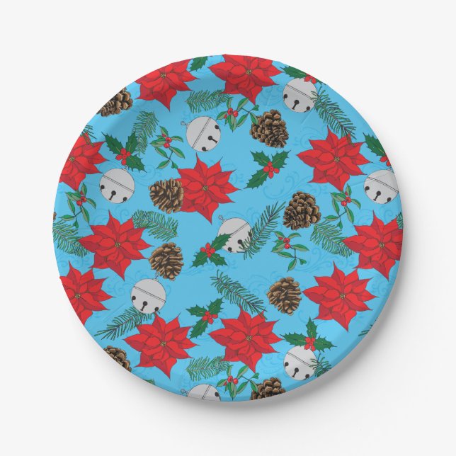 Assiettes En Carton Poinsettias et cloches d'argent dans les plaques d (Devant)