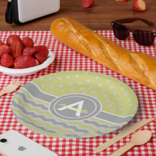 Assiettes En Carton Point de polka gris jaune Chevron