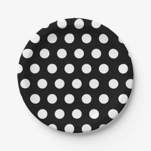Assiettes En Carton Pointe Polka de taille moyenne blanche et noire