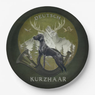 Assiettes En Carton Pointeur à cheveux courts allemand, Logo de chasse