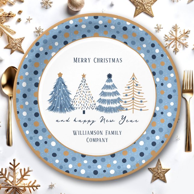 Assiettes En Carton Points Arbres Bleus Texte Moderne Noël (Blue Trees Dots Modern Text Christmas Holiday Paper Plates)