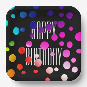 Assiettes En Carton Points Arc-en-ciel d'anniversaire en noir