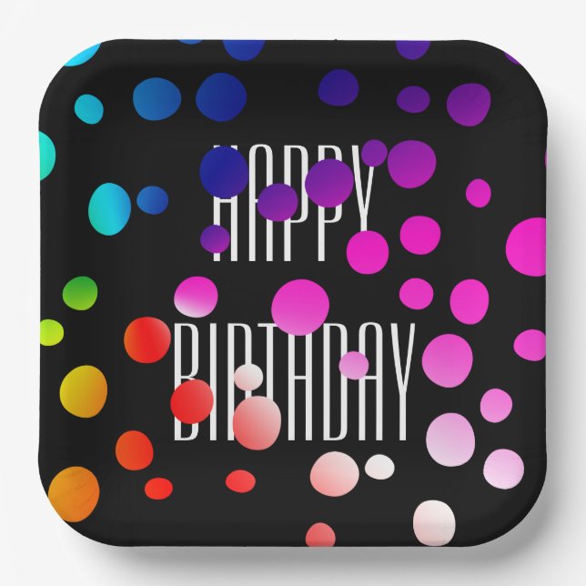 Assiettes En Carton Points Arc-en-ciel d'anniversaire en noir (Recto)
