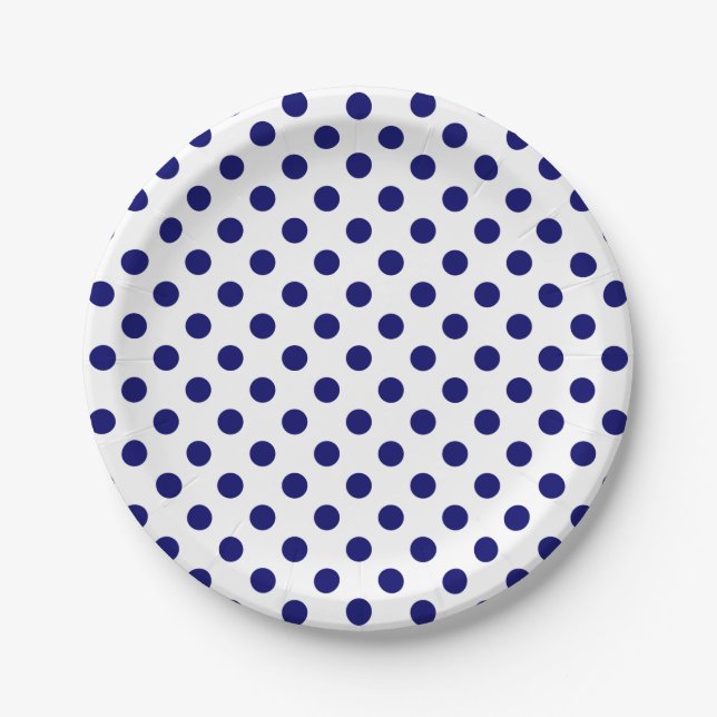 Assiettes En Carton Points bleu marine sur fond blanc (Devant)