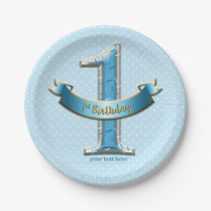 Assiettes En Carton Points bleus et bannière ONE 1er 1er anniversaire