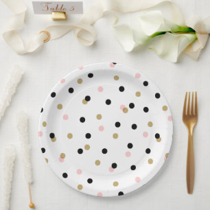 Assiettes En Carton Points Confetti Noir Rose et Or
