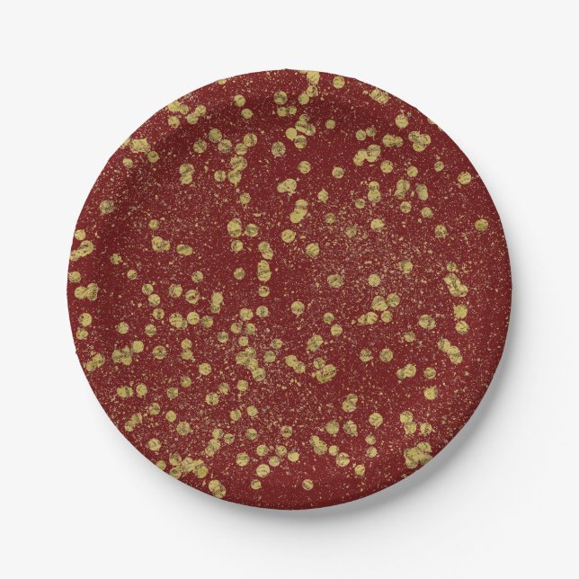 Assiettes En Carton Points de Confetti Gold Red Sparkle (Devant)