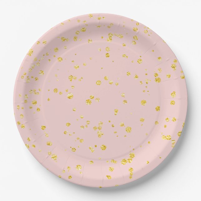 Assiettes En Carton Points de confettis dorés Rose poudré (Devant)