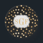 Assiettes En Carton Points de Parties scintillant noir et or monogramm<br><div class="desc">Des points modernes et tendance de parties scintillant faux or et un monogramme personnalisé de trois lettres font de ces plaques de fête papier l'addition parfaite à toute célébration.</div>