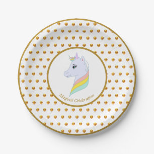 Assiettes En Carton Points de polka dorés et licorne