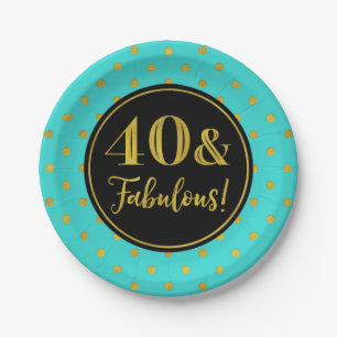 Assiettes En Carton Points d'or noir turquoise pour la fête du 40e ann