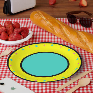 Assiettes En Carton Points géométriques bleus roses jaunes