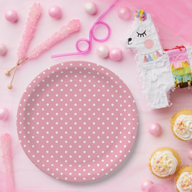 Assiettes En Carton Points polka sur fond rose (Fête)
