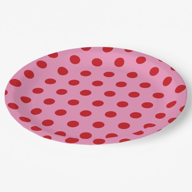 Assiettes En Carton Points rouges sur rose (Angle)