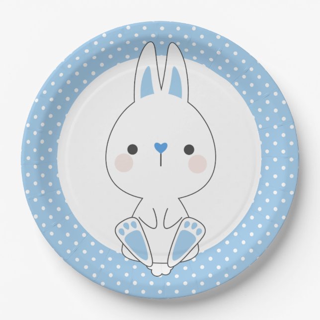 Assiettes En Carton Pois Bleus et Baby shower lapin mignon Anniversair (Devant)