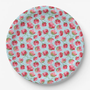 Assiettes En Carton Pois de fleurs d'aquarelle rouge de Crimson