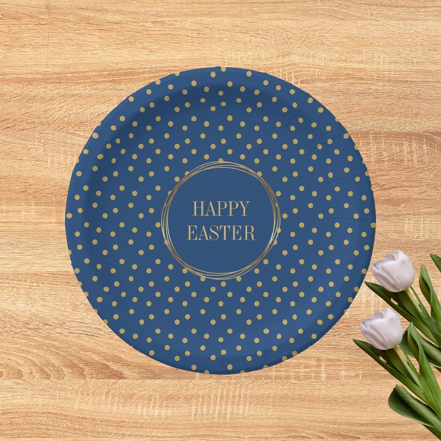 Assiettes En Carton Pois d'or moderne mignon Christian Happy Pâques (Cute Modern Blue Gold Polka Dots Christian Happy Easter Paper Plates)