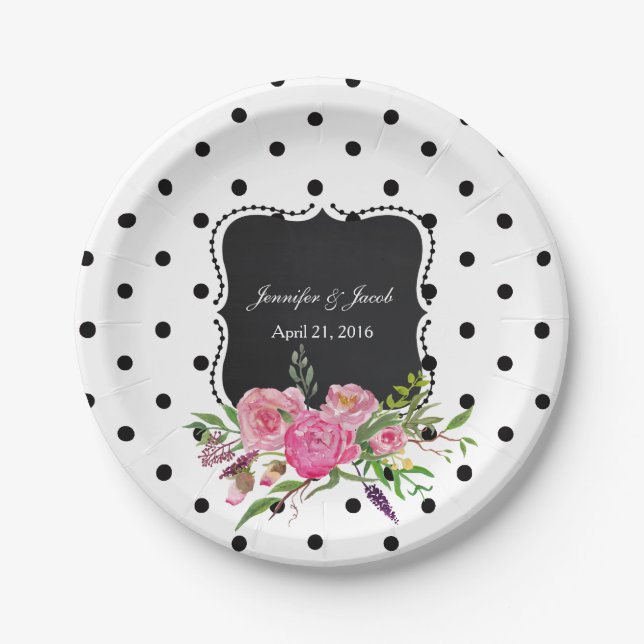 Assiettes En Carton Pois et pivoines Mariage Plaque papier (Devant)