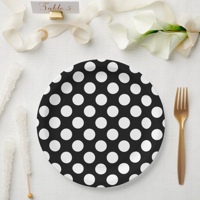 Assiettes En Carton Pois noirs et blancs, Motif Polka (Mariage)