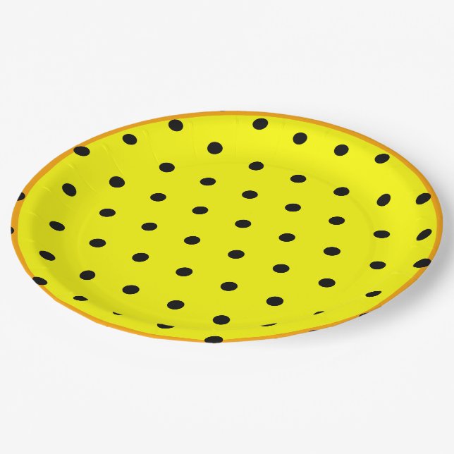 Assiettes En Carton Pois noirs orange jaune (Angle)