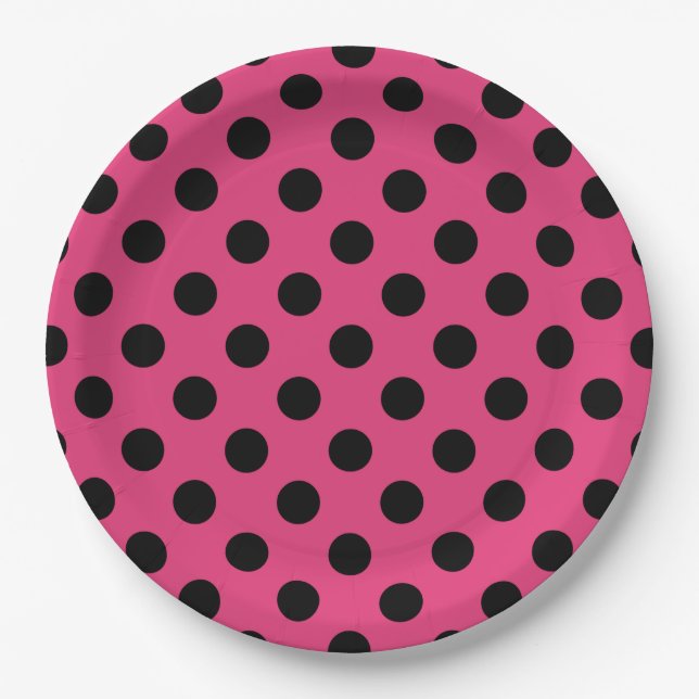 Assiettes En Carton Pois noirs sur fuchsia (Devant)