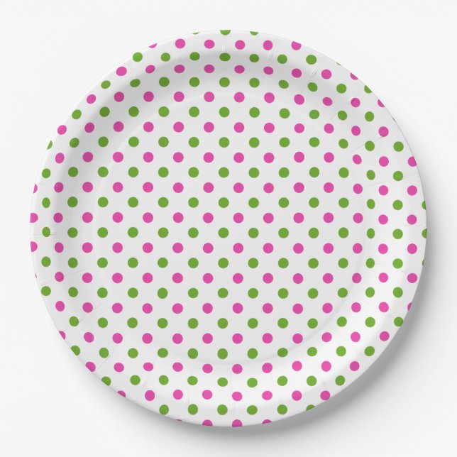 Assiettes En Carton Pois rose et vert de très bon goût sur le blanc (Devant)