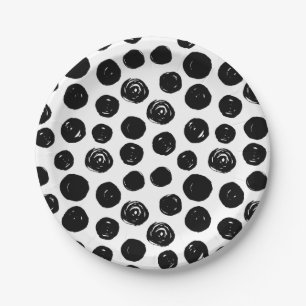 Assiettes En Carton Pois tiré par la main noir et blanc d'aquarelle
