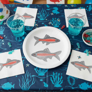 Assiettes En Carton Poisson Barbe Tropical Rouge et Gris Exotique Aqua