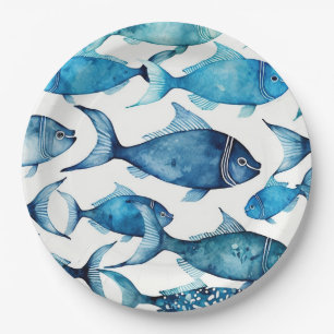 Assiettes En Carton Poisson bleu et marine   Enfants marins