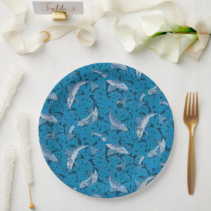 Assiettes En Carton Poisson bleu vintage et algues : Art Nouveau Nauti