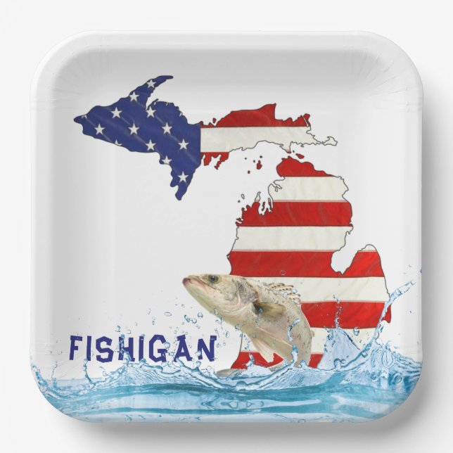 Assiettes En Carton Poisson dans l'eau avec drapeau Michigan (Recto)
