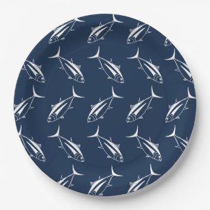 Assiettes En Carton Poisson de thon d'Albacore en blanc sur bleu marin