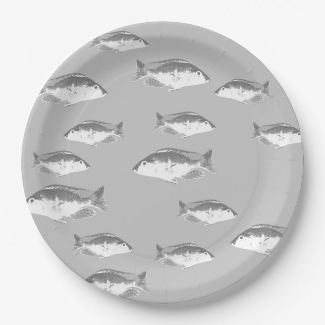 Assiettes En Carton Poisson gris monochrome (Devant)
