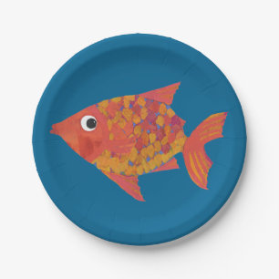 Assiettes En Carton Poisson orange mignon sur plaque de papier bleu pe