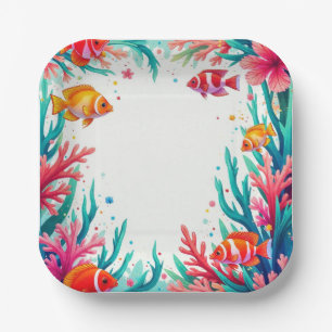 Assiettes En Carton Poisson tropical vibrant Corail Océan   Océan colo