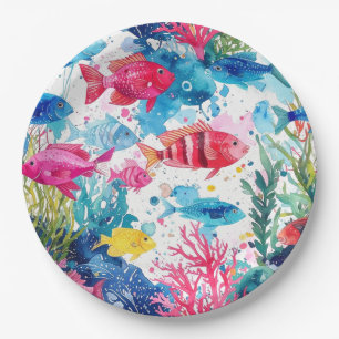 Assiettes En Carton Poisson tropical vibrant motif de vie marine à l'a