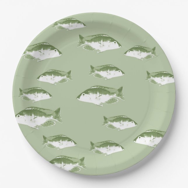 Assiettes En Carton Poisson vert olive (Devant)