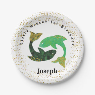 Assiettes En Carton Poissons stylés 1er Anniversaire & Confetti Or