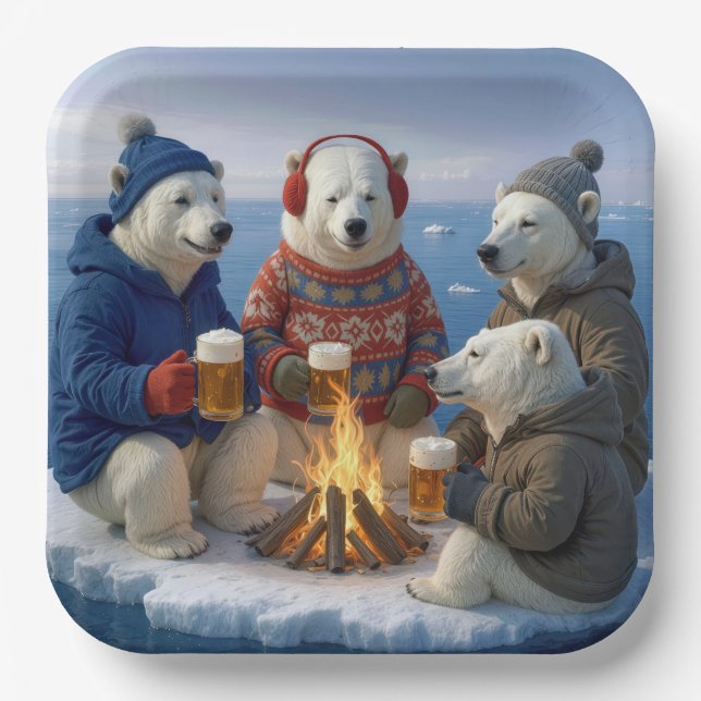 Assiettes En Carton Polar Bears Drinking Around a Campfire  (Recto)