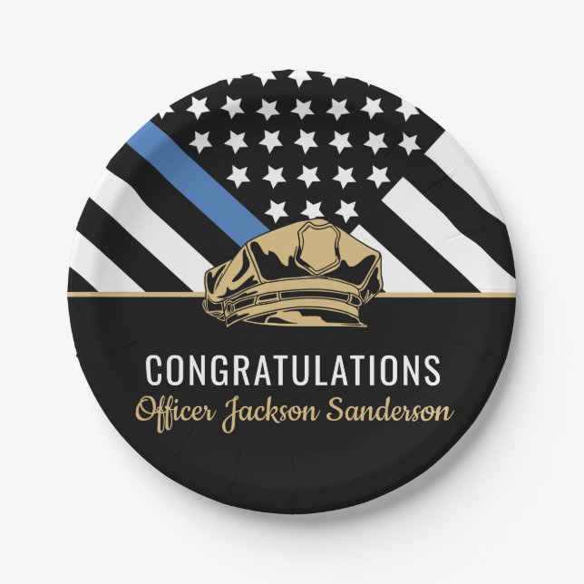 Assiettes En Carton Police Retraite Party Ligne bleue Félicitations (Devant)