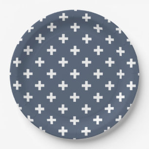 Assiettes En Carton Polka blanche croise sur bleu-gris