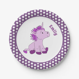 Assiettes En Carton Polka Dot Polka de l'Unicorne mauve Nom de l'enfan